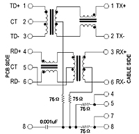 Schematic Drawing for N5447F Series RJ-45 10/100 Base-T Jack Electrical Connectors with Magnetic Module (N5447F-2206-YG)