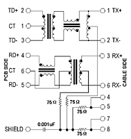 Schematic Drawing for N5447F Series RJ-45 10/100 Base-T Jack Electrical Connectors with Magnetic Module (N5447F-1213-BY)