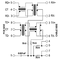 Schematic Drawing for N5447F Series RJ-45 10/100 Base-T Jack Electrical Connectors with Magnetic Module (N5447F-1201-NN)