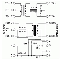 Schematic Drawing for N5447F Series RJ-45 10/100 Base-T Jack Electrical Connectors with Magnetic Module (N5447F-1207-NN)