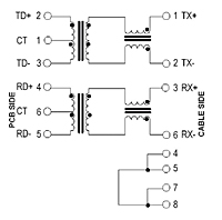 Schematic Drawing for N5447F Series RJ-45 10/100 Base-T Jack Electrical Connectors with Magnetic Module (N5447F-1211-BY)
